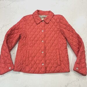 LL BEAN Womens M Coral Pink Quilted Riding Chore Jacket‎ Snap Collar Outdoor